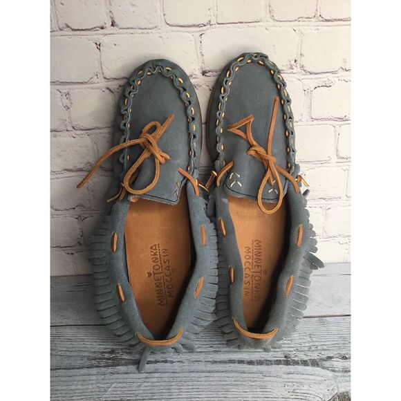 Vintage Minnetonka Moccasins Slip on Unisex Teal ‎ Fringe Men 10 Women-12 Tribal - Picture 1 of 13